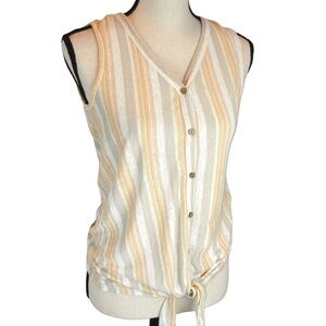 Rachel Zoe 100% Linen Front Tie‎ Button Down Tank Top, Cream & Apricot, Small